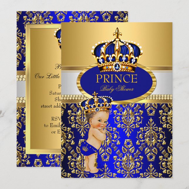 Prince Royal Blue Crown Baby Shower Brunette Boy Invitation (Front/Back)