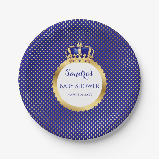Prince Royal Blue Gold Crown Paper Plate (Front)