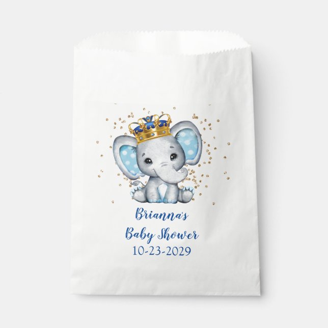 Prince Royal Blue Gold Elephant Boy Baby Shower Favour Bags (Front)
