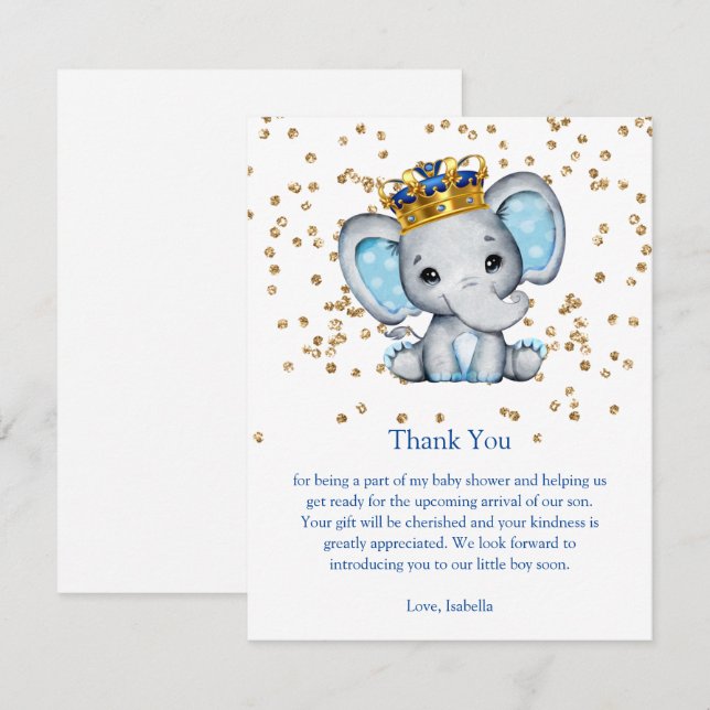 Prince Royal Blue Gold Elephant Boy Baby Shower Invitation (Front/Back)