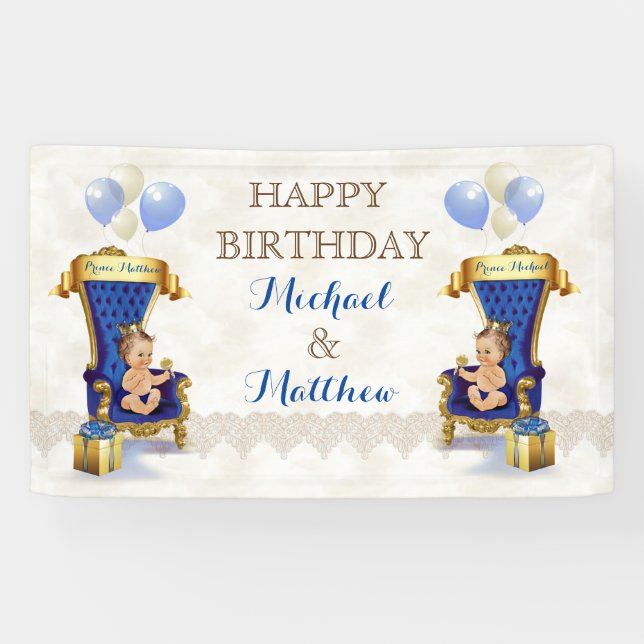 Prince Royal Blue Gold Throne Twins Boy Customised Banner (Horizontal)
