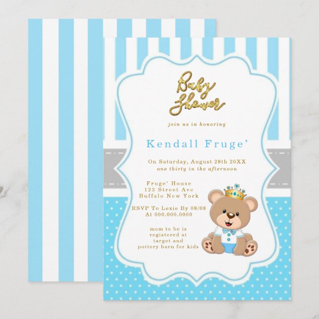 Prince Teddy Bear Baby Boy Shower Invites (Front/Back)