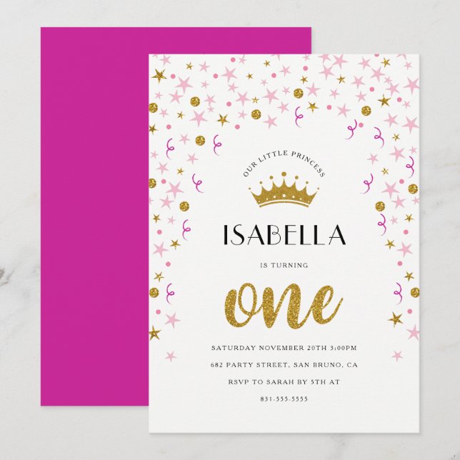 Princess 1st Birthday | Gold & Pink Confetti Invitation (Front/Back)