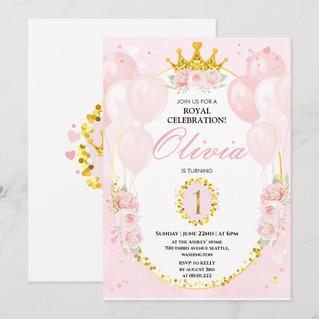 Princess 1st Birthday Invitation (Front/Back)