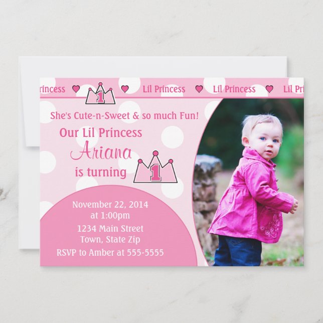 Princess 1st Birthday Invitation 5x7 Photo Card (Front)