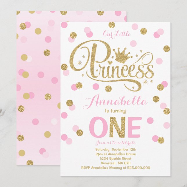 Princess 1st Birthday Invitation Pink Gold Invite (Front/Back)