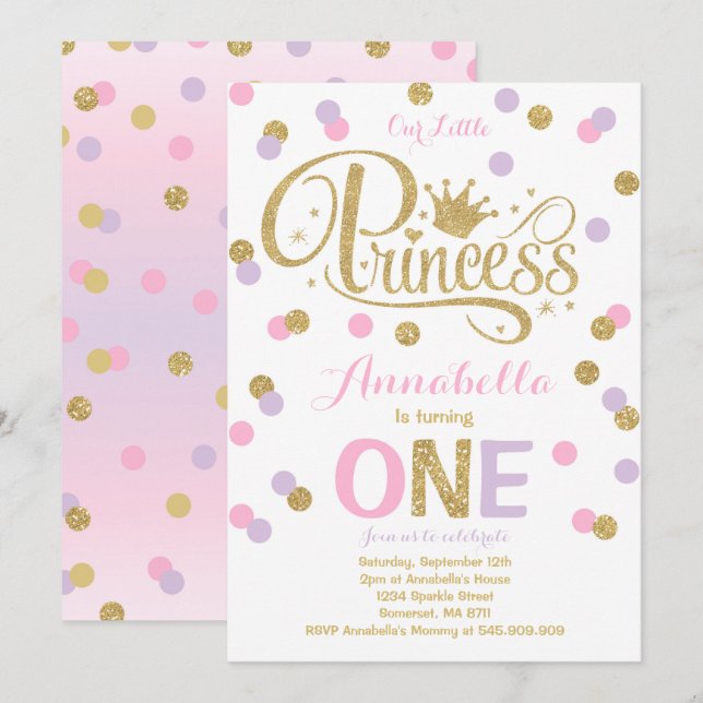 Princess 1st Birthday Invitation Pink Purple Gold (Front/Back)