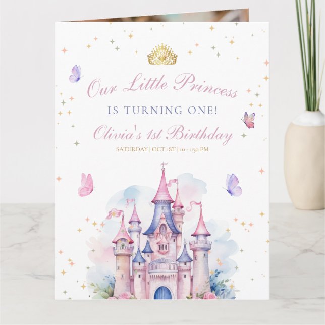 Princess 1st BIrthday Invite, Girl Princess Castle Thank You Card (Front)