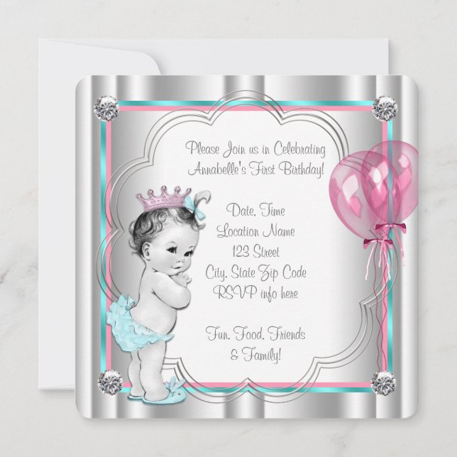 Princess 1st Birthday Party Invitation (Back)