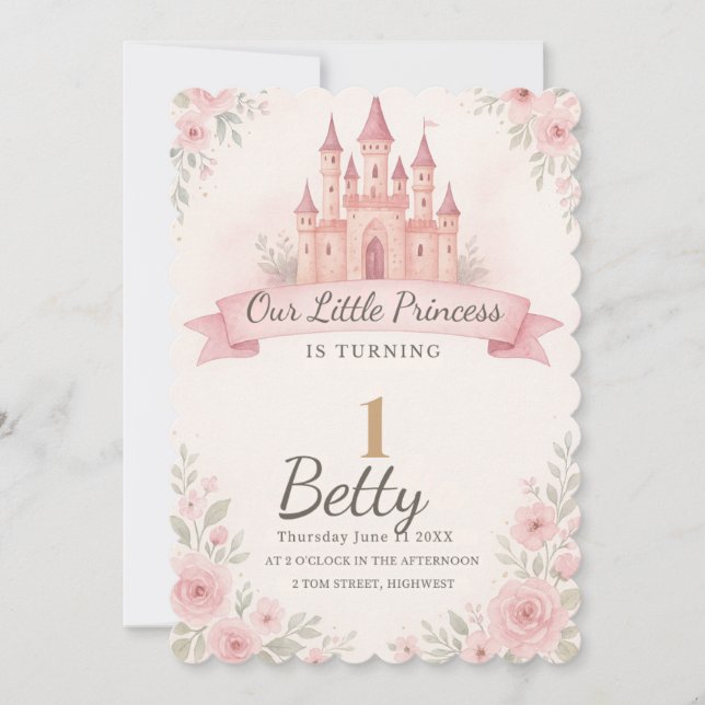 PRINCESS 1st Birthday Party Invitations. Editable  (Front)