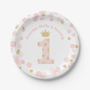 Princess 1st Birthday Party Pink Gold Confetti Paper Plate