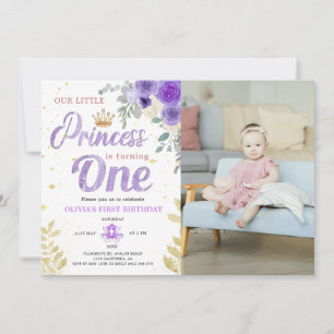 Princess 1St Birthday Photo Crown Lilac Purple  Invitation