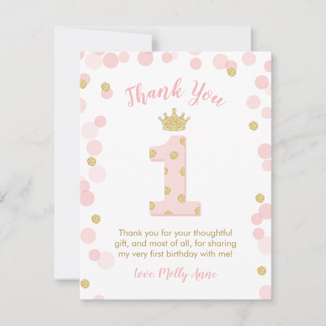 Princess 1st Birthday Pink Gold Thank You Card (Front)