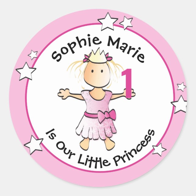 Princess 1st Birthday Sweet PInk Cute Cartoon Classic Round Sticker (Front)