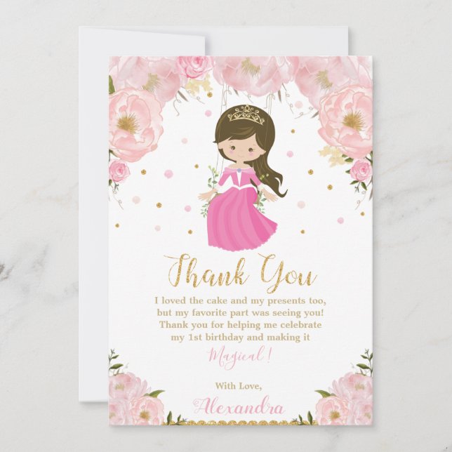 Princess 1st First Birthday Pink Blush Floral Thank You Card (Front)