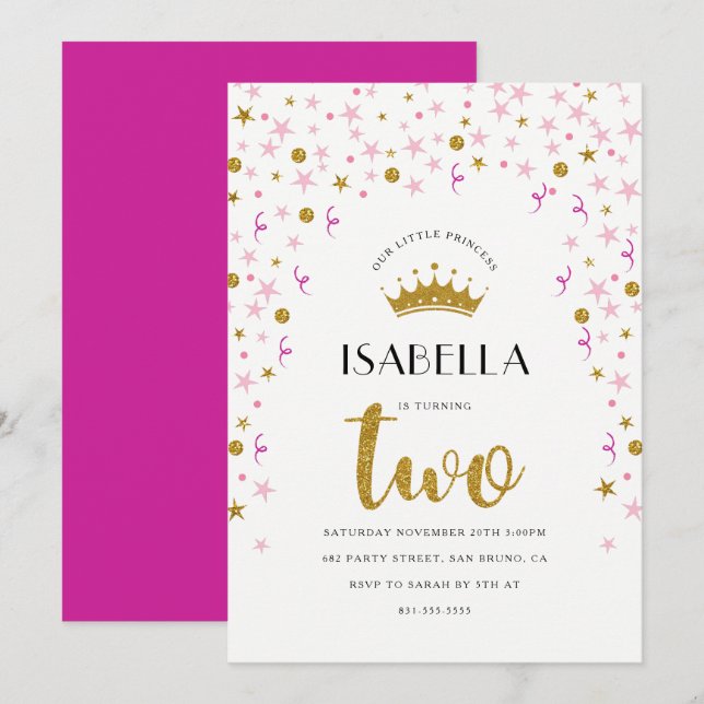 Princess 2nd Birthday | Gold & Pink Confetti Invitation (Front/Back)