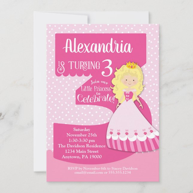 Princess 3rd Birthday Invitation Blonde Girl (Front)