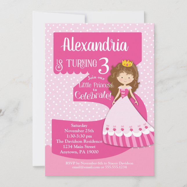 Princess 3rd Birthday Invitation Brunette Girl (Front)