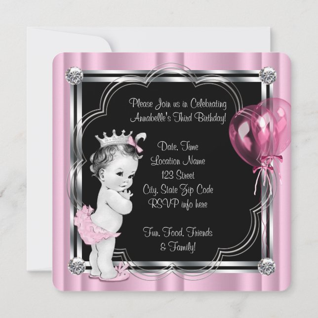 Princess 3rd Birthday Party Invitation (Back)