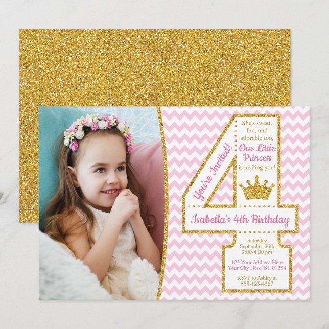 Princess 4th Birthday Invitation | Pink and Gold (Front/Back)