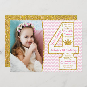 Princess 4th Birthday Invitation   Pink and Gold
