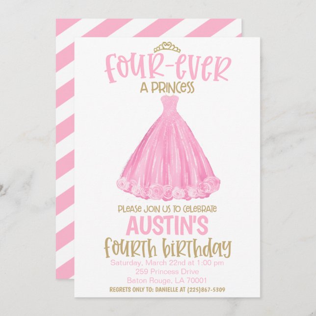 Princess 4th Birthday Party Invitation (Front/Back)