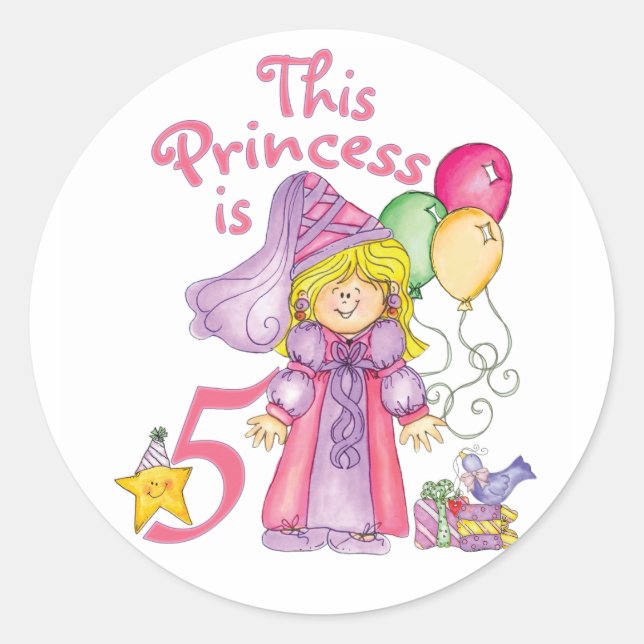 Princess 5th Birthday Classic Round Sticker (Front)
