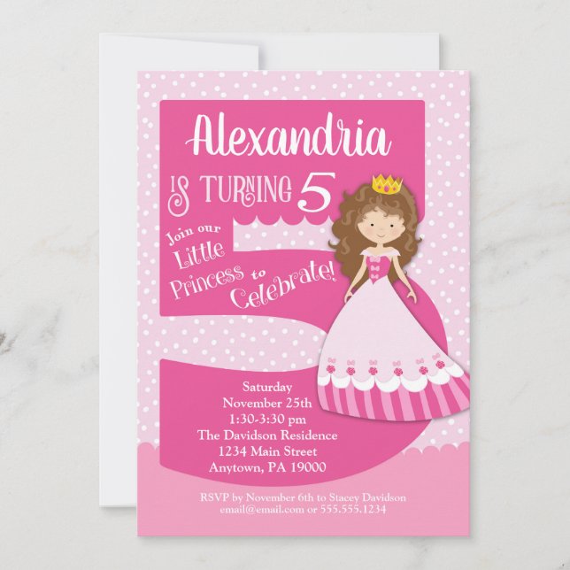 Princess 5th Birthday Invitation Brunette Girl (Front)