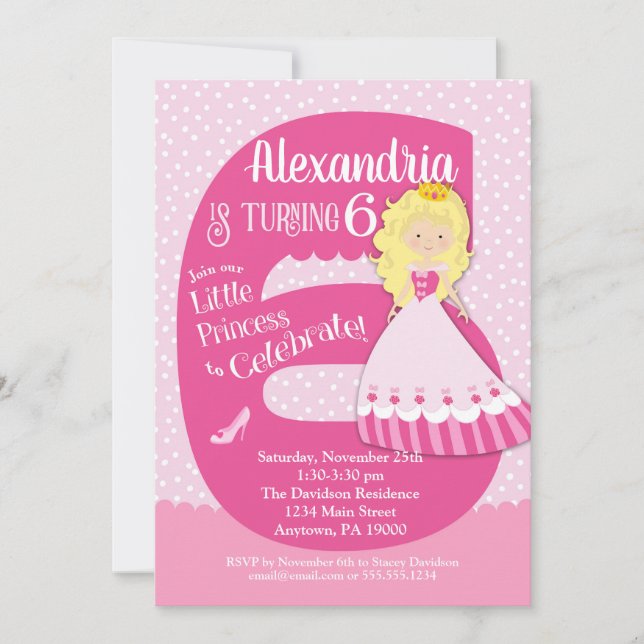 Princess 6th Birthday Invitation Blonde Girl (Front)