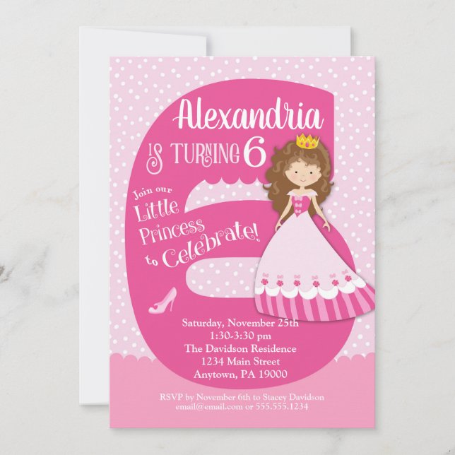 Princess 6th Birthday Invitation Brunette Girl (Front)