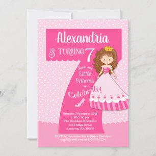 Princess 7th Birthday Invitation Brunette Girl