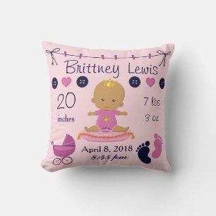 Princess African American Baby Nursery Birth Stats Cushion