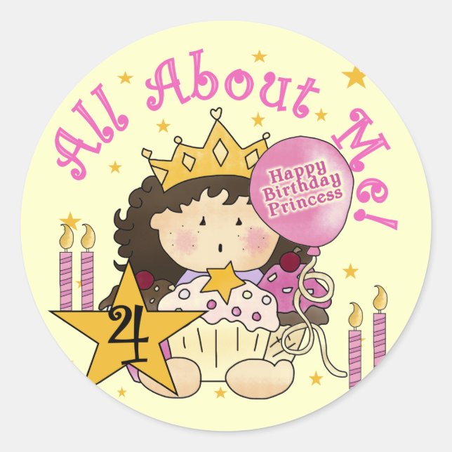 Princess All About Me 4th Birthday Tshirts Classic Round Sticker (Front)