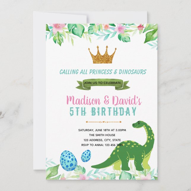 Princess and dinosaur party invitation (Front)