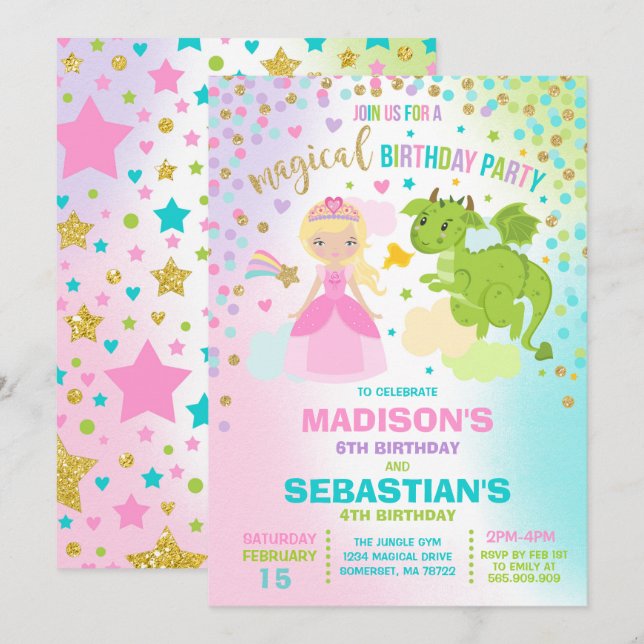 Princess And Dragon Birthday Invitation Siblings (Front/Back)
