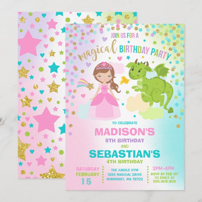 Princess And Dragon Birthday Invitation Siblings (Front/Back)