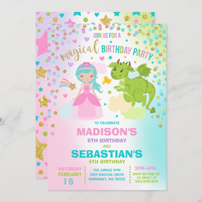 Princess And Dragon Birthday Invitation Siblings (Front/Back)