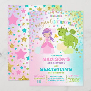Princess And Dragon Birthday Invitation Siblings
