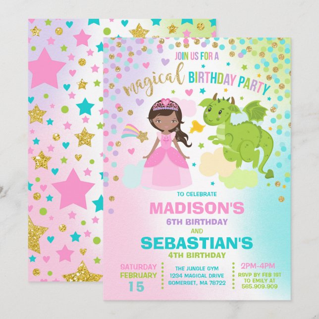 Princess And Dragon Birthday Invitation Siblings (Front/Back)