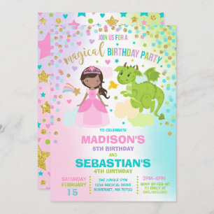 Princess And Dragon Birthday Invitation Siblings