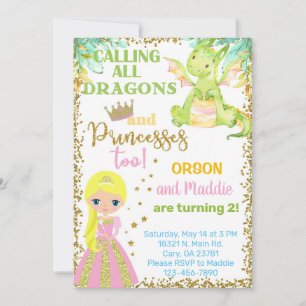Princess and dragon siblings birthday invitation.  invitation