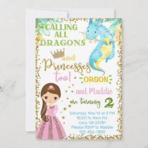 Princess and dragon siblings birthday invitation. invitation
