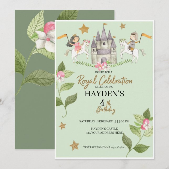 Princess and Knight party, Princess, kids Birthday Invitation (Front/Back)
