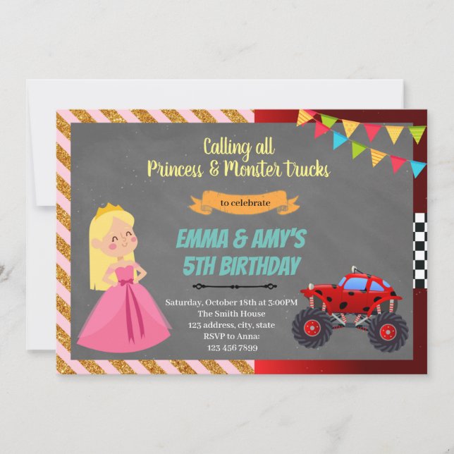 Princess and monster truck joint party Invitation (Front)