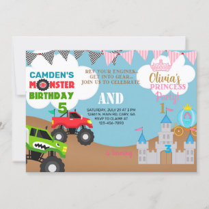 Princess and monster trucks siblings invitation. invitation