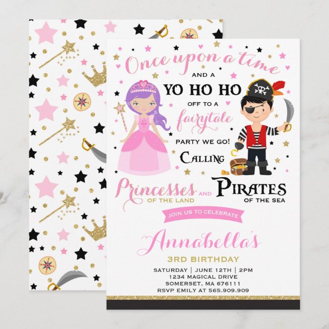 Princess And Pirate Birthday Invitation (Front/Back)
