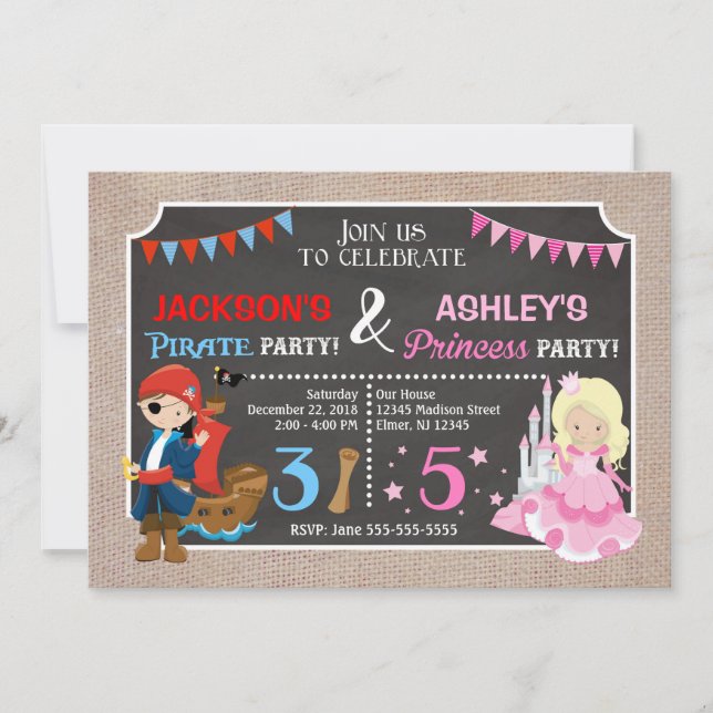 Princess and Pirate Joint BIrthday Invitation (Front)