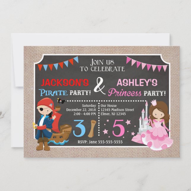 Princess and Pirate Joint BIrthday Invitation (Front)