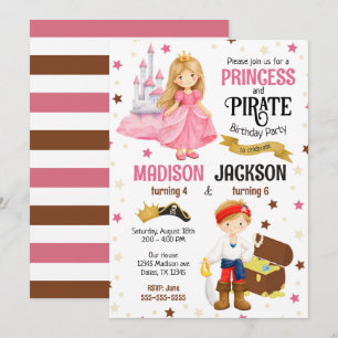 Princess and Pirate Kids Siblings Joint Birthday  Invitation