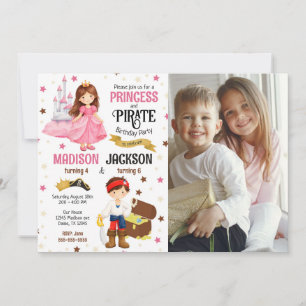 Princess and Pirate Photo Siblings Joint Birthday Invitation